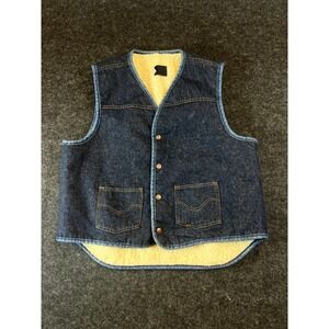 VTG 70s  Roebucks Denim Vest Mens Large Blue Sherpa Lined Snap Western Workwear